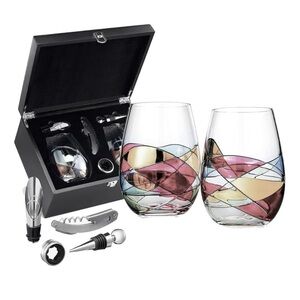 Artisanal hand painted colorful wine glass set with accessories gift